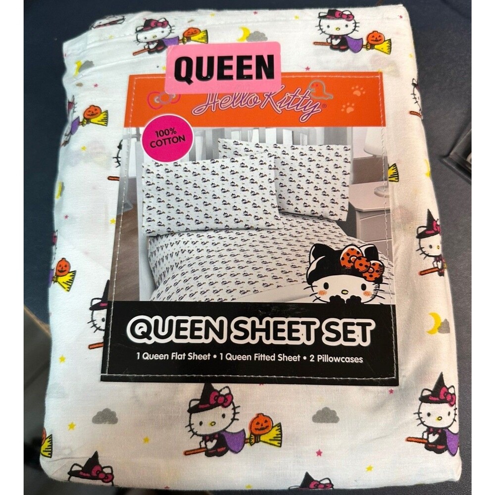 New HELLO KITTY Halloween Bat And Pumpkin QUEEN 4 pc 100% Cotton Sheet Set